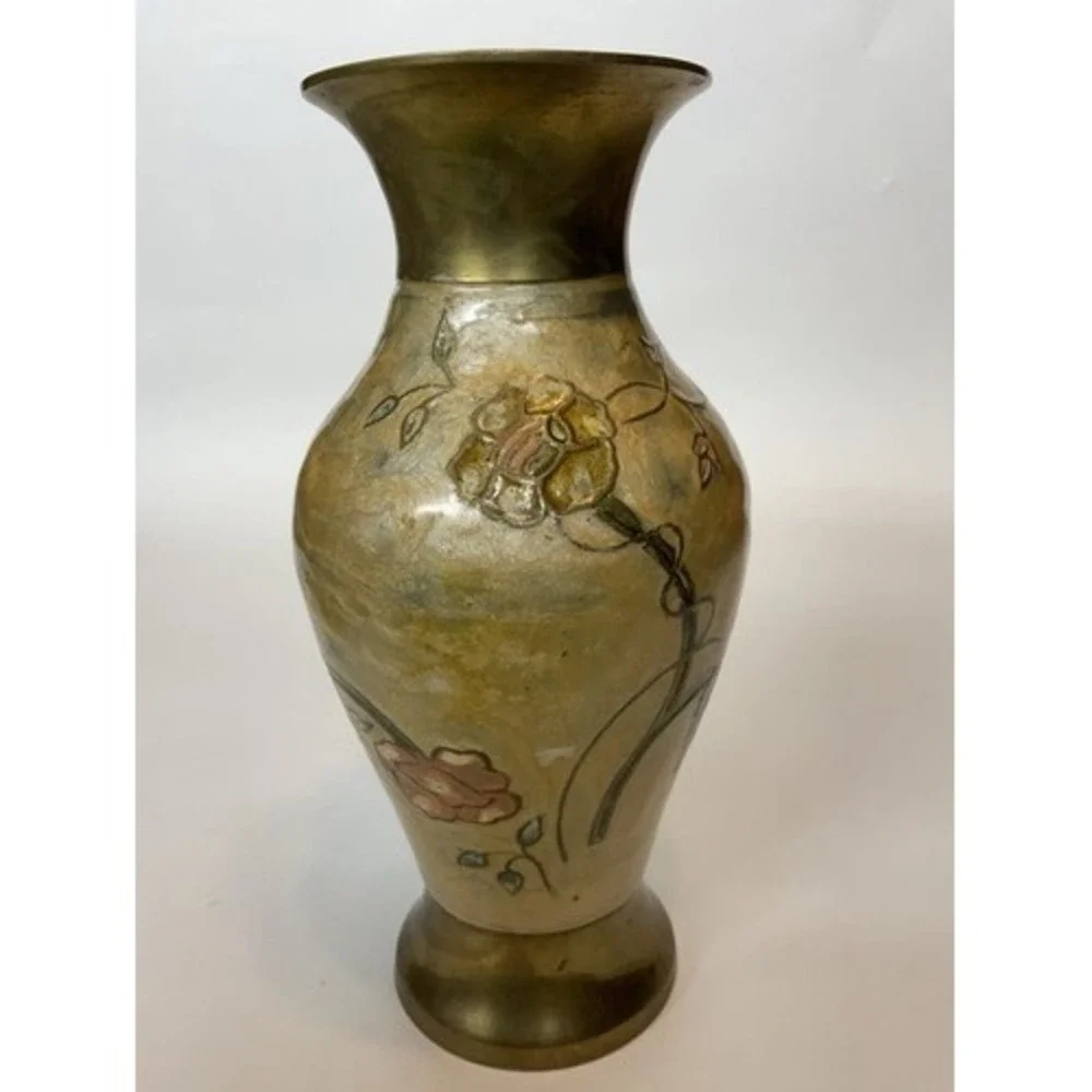 VTG Solid Brass Floral Hand Covered/Painted‎ Enamel Vase 8
